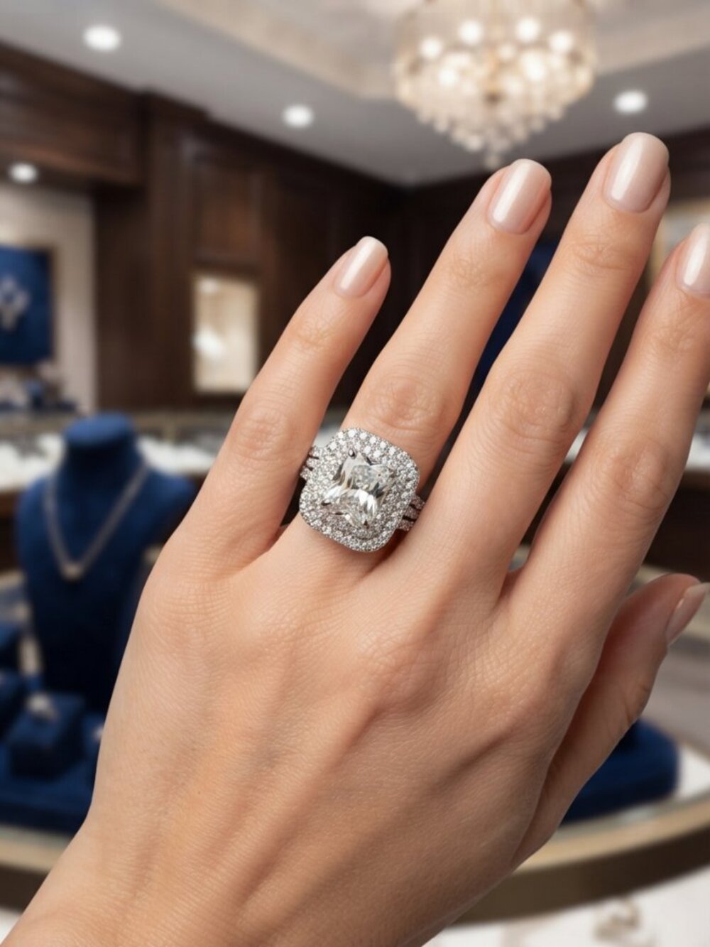 Luxury Double Halo Pave Ring - Cushion/Princess Cut Engagement Jewelry